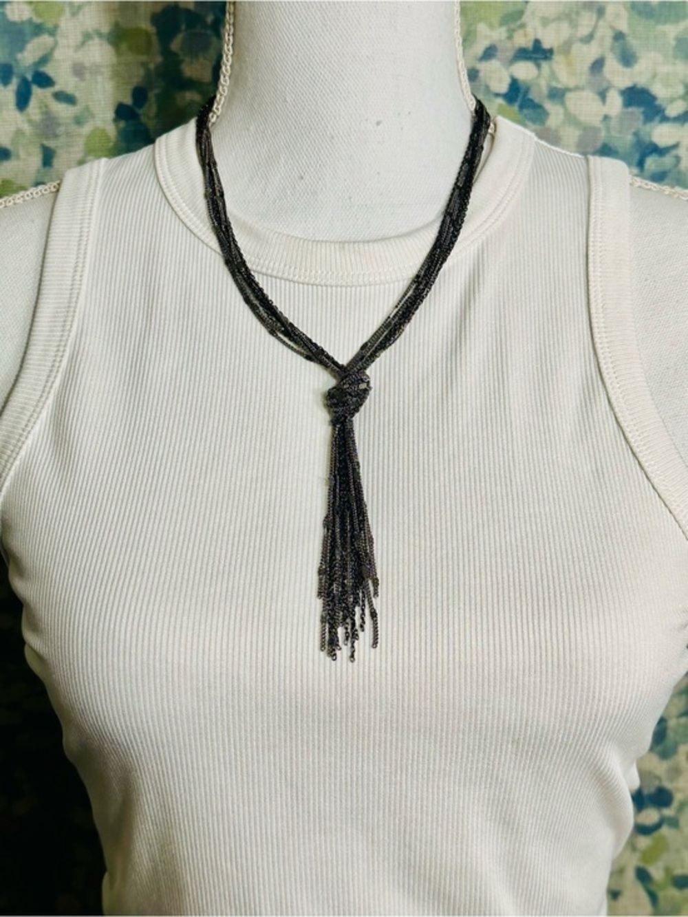 Black Multi Strand Tassel Necklace Gunmetal Beaded Statement Necklace NWOT